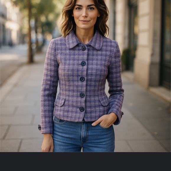 Pendleton Lavender Purple Plaid Blazer 100% Wool Tab Sleeves Cropped Sz 10P - Picture 6 of 11